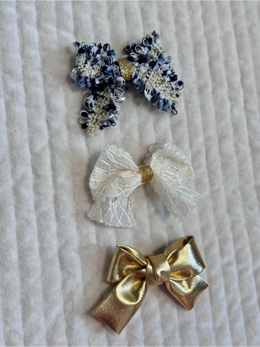 Kids Bow Hair Clips - Navy Tweed, Ivory, and Gold Set